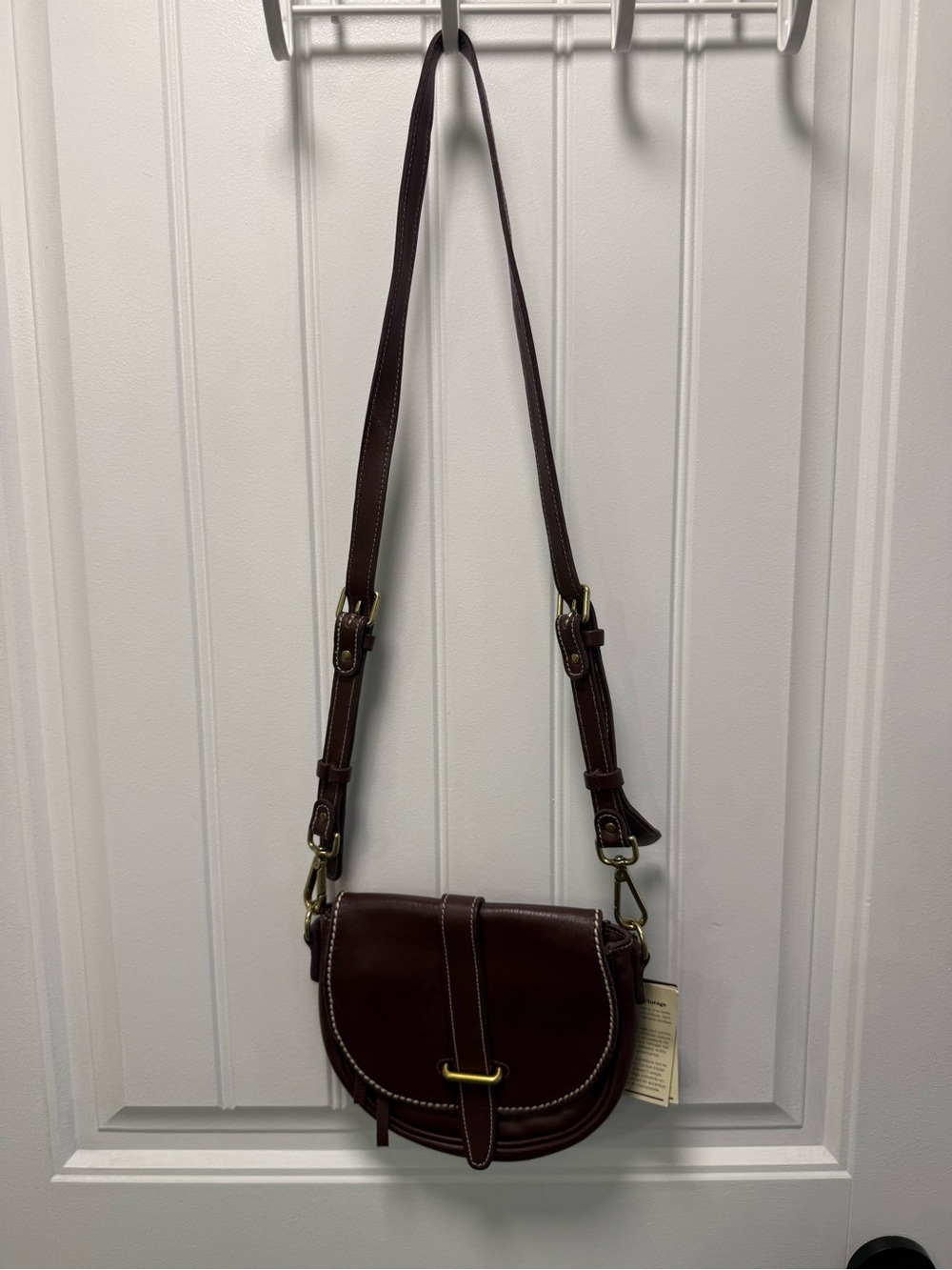 Roots Dark Maroon Genuine Leather Crossbody Saddle Bag with Brass Hardware
